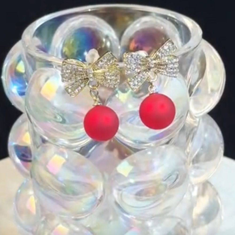Red Bow Earrings with Crystal Accents